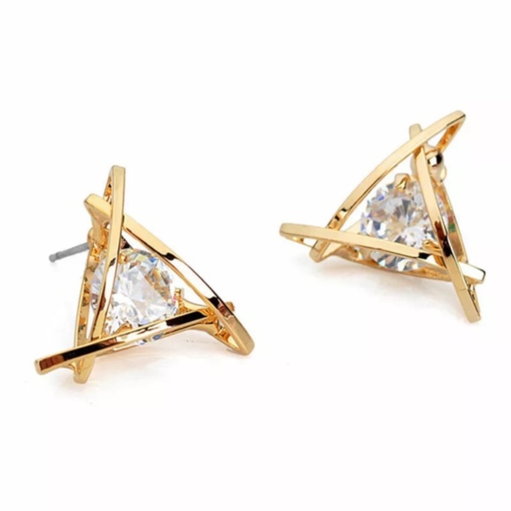 💎SOLITAIRE CAGED CZ STUD EARRINGS IN GOLD-STATEMENT POST OR STUD‎ - Picture 7 of 8